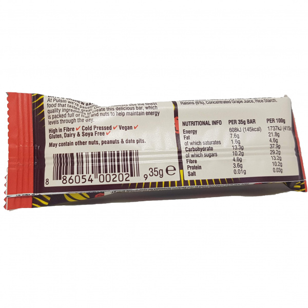 Pulsin Fruit & Cacao & Raisin Riegel 35g Frontal